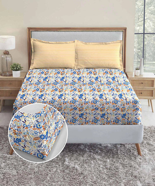 Urban Comfort King Fitted Bedsheet Set, Gardenia Blooms Blue|144 TC Cotton| 2 Pillow Covers