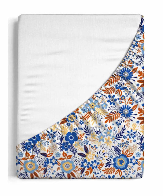 Urban Comfort King Fitted Bedsheet Set, Gardenia Blooms Blue|144 TC Cotton| 2 Pillow Covers