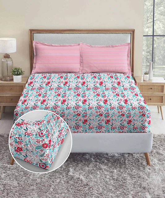 Urban Comfort King Fitted Bedsheet Set, Gardenia Blooms Pink|144 TC Cotton| 2 Pillow Covers
