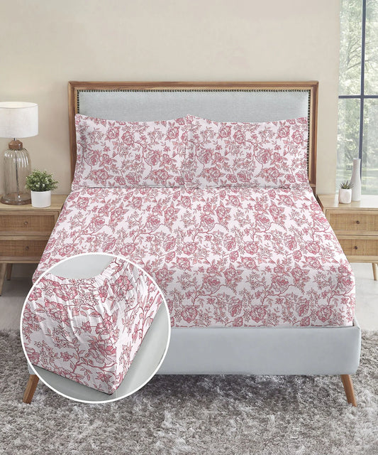 Urban Comfort King Fitted Bedsheet Set, Juliet Pink |144 TC Cotton| 2 Pillow Covers