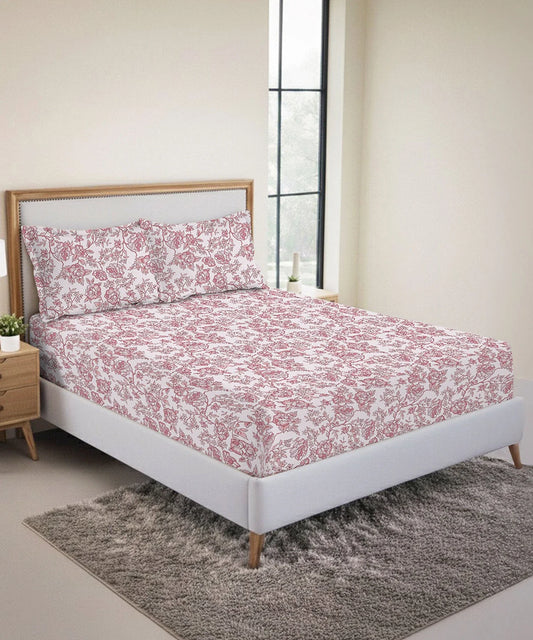 Urban Comfort King Fitted Bedsheet Set, Juliet Pink |144 TC Cotton| 2 Pillow Covers
