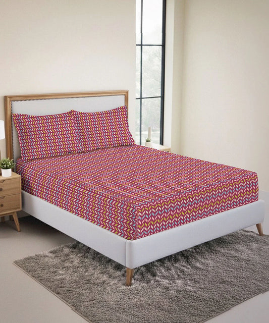 Urban Comfort King Fitted Bedsheet Set, Party Mood Pink|144 TC Cotton| 2 Pillow Covers