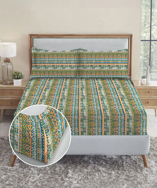 Urban Comfort King Fitted Bedsheet Set, Midnight Bloom |144 TC Cotton| 2 Pillow Covers