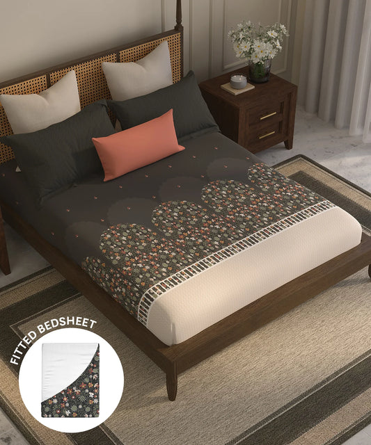 Home Essential Suzani King Fitted Bedsheet Set, Angan Phool|144 TC Cotton| 2 Pillow Covers