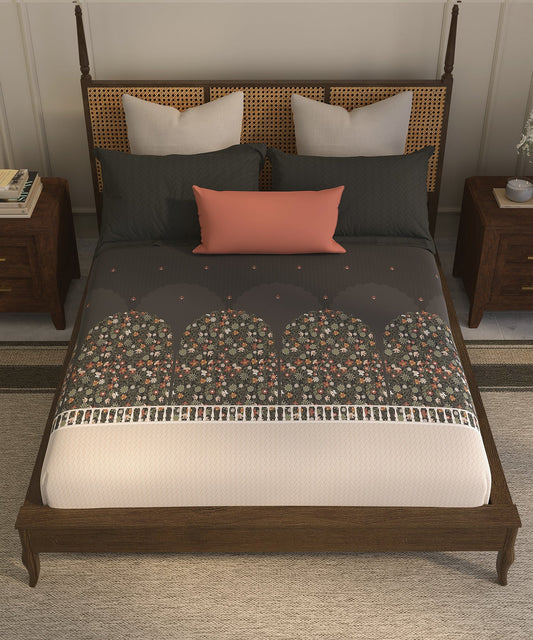 Home Essential Suzani King Fitted Bedsheet Set, Angan Phool|144 TC Cotton| 2 Pillow Covers