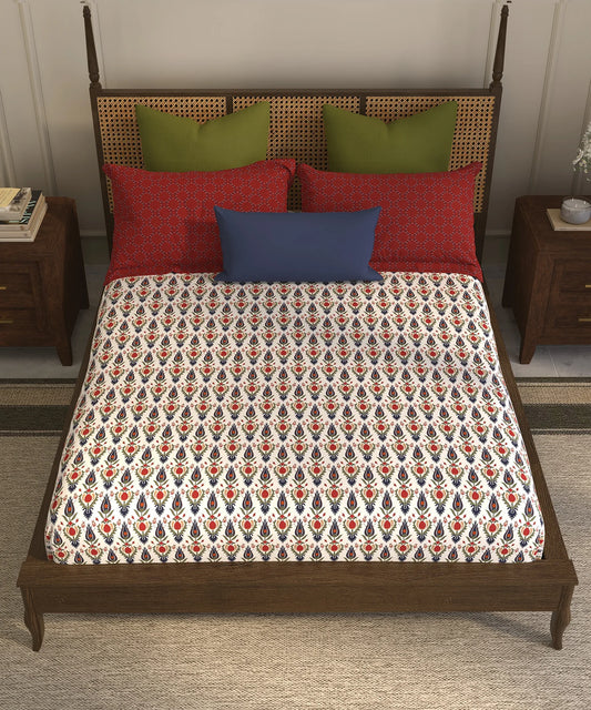 Home Essential Suzani King Fitted Bedsheet Set, Bahar|144 TC Cotton| 2 Pillow Covers