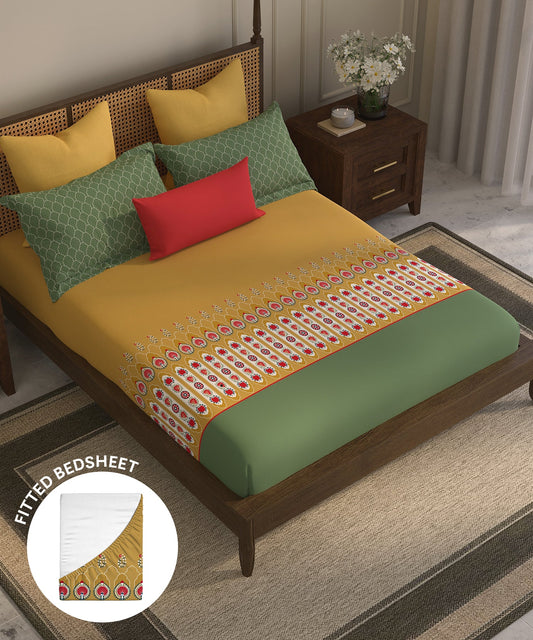 Home Essential Suzani King Fitted Bedsheet Set, Khush Rang|144 TC Cotton| 2 Pillow Covers