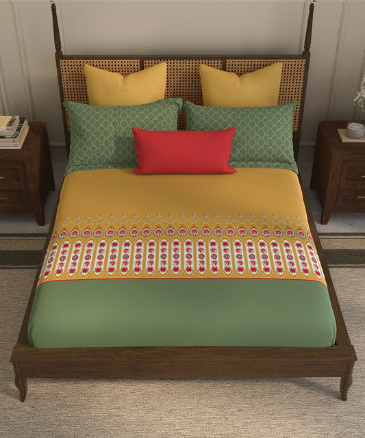 Home Essential Suzani King Fitted Bedsheet Set, Khush Rang|144 TC Cotton| 2 Pillow Covers