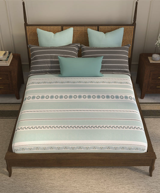 Home Essential Suzani King Fitted Bedsheet Set, Naqsh|144 TC Cotton| 2 Pillow Covers
