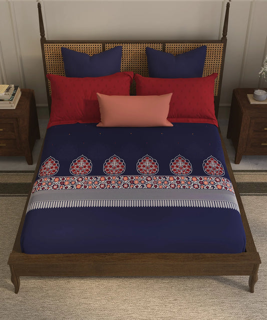 Home Essential Suzani King Fitted Bedsheet Set, Neel Tara|144 TC Cotton| 2 Pillow Covers