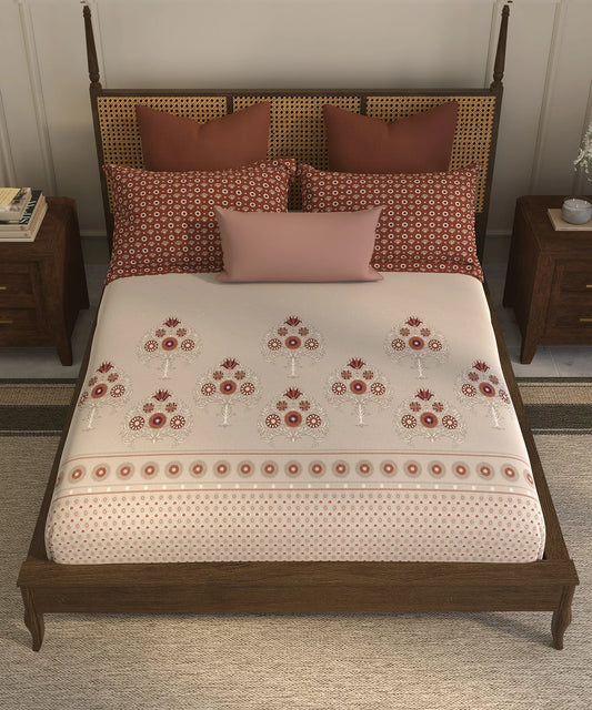 Home Essential Suzani  King Fitted Bedsheet Set, Peepal Phool|144 TC Cotton| 2 Pillow Covers