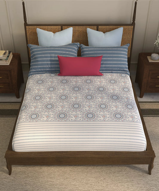 Home Essential Suzani King Fitted Bedsheet Set, Vata Stuti|144 TC Cotton| 2 Pillow Covers