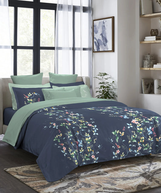 Indulgence Painterly Pattern King Bedsheet Set, Blue Bank|300 TC Cotton| 4 Pillow Covers