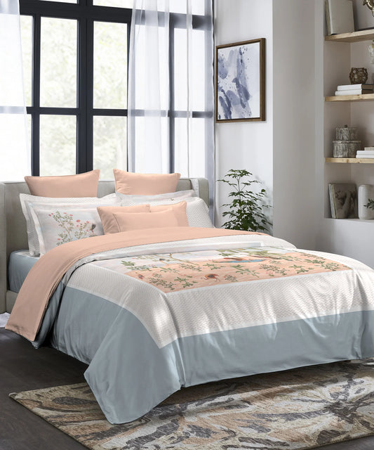 Indulgence Painterly Pattern King Bedsheet Set, Feathers in the field|300 TC Cotton| 4 Pillow Covers