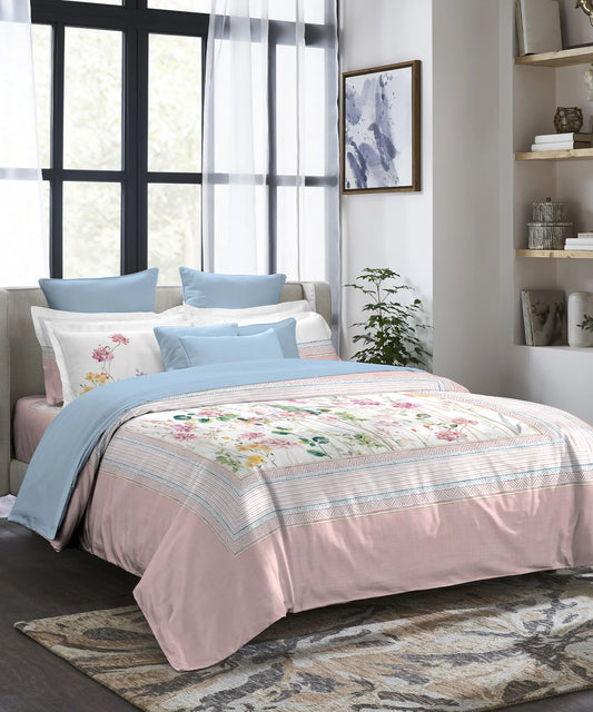 Indulgence Painterly Pattern King Bedsheet Set, Petals of South|300 TC Cotton| 4 Pillow Covers