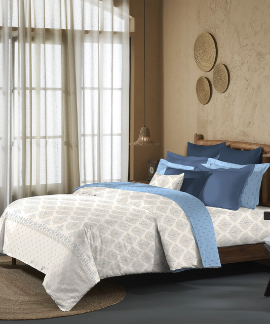 Sanskriti Bedding Set, Kantha Blue| 180 TC, 180 GSM Cotton| 4 Pc Set