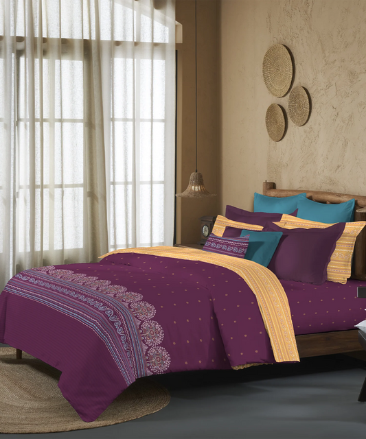 Sanskriti Bedding Set, Rogan Art Plum| 180 TC, 180 Cotton| 4 Pc Set