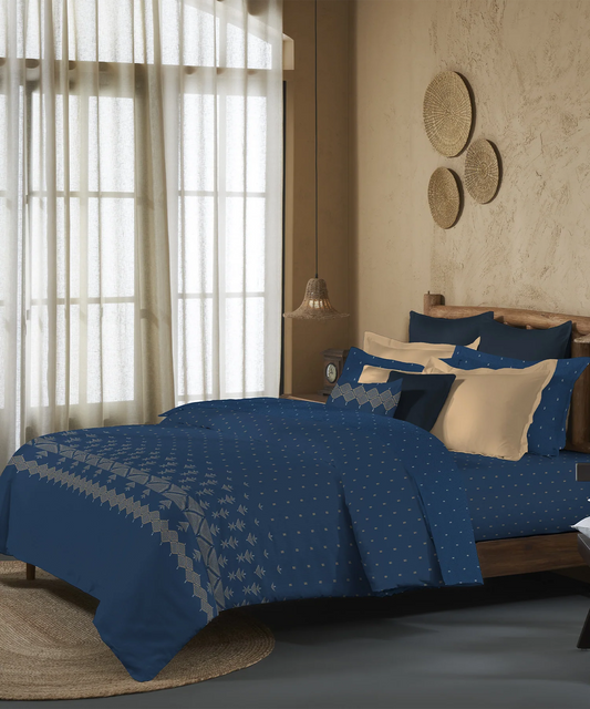 Sanskriti Bedding Set, Phulkari Blue| 180 TC, 180 GSM Cotton| 4 Pc Set