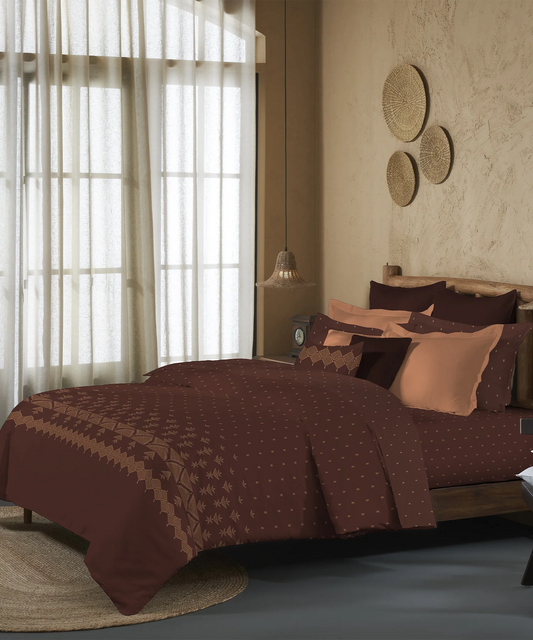 Sanskriti Bedding Set, Phulkari Brown| 180 TC, 180 GSM Cotton| 4 Pc Set