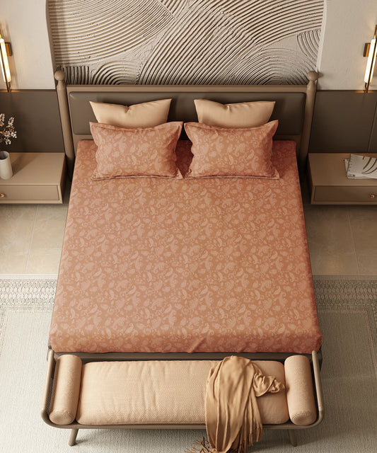 Home Essential Pastel Poetry Floral King Fitted Bedsheet, NITARA PAPAYA|144TC Cotton| 2 Pillow Covers