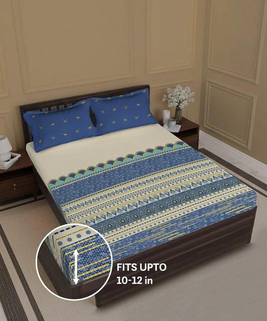 Gates Around The Goble King Fitted Bedsheet Set, Amara| 180 TC Cotton| 2 Pillow Covers