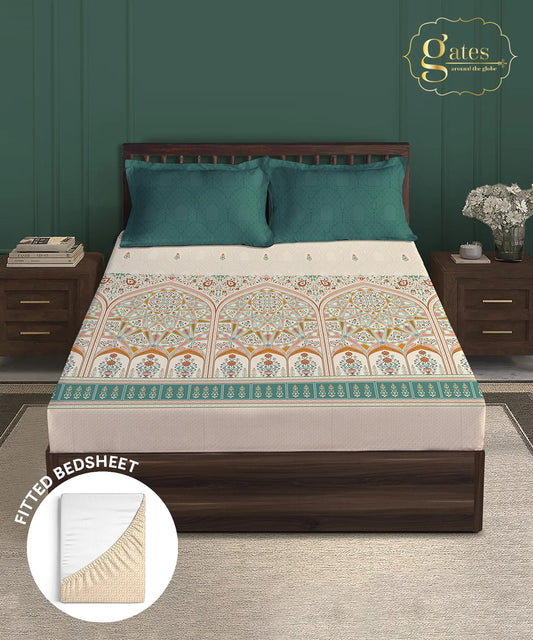Gates Around The Goble King Fitted Bedsheet Set, Arqadia| 180 TC Cotton| 2 Pillow Covers