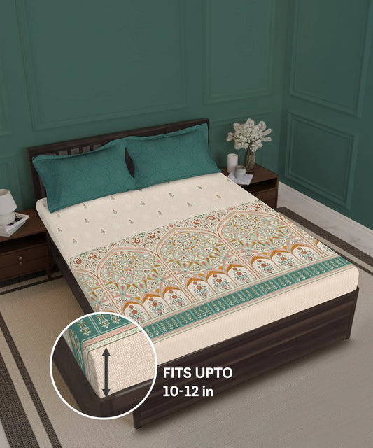 Gates Around The Goble King Fitted Bedsheet Set, Arqadia| 180 TC Cotton| 2 Pillow Covers