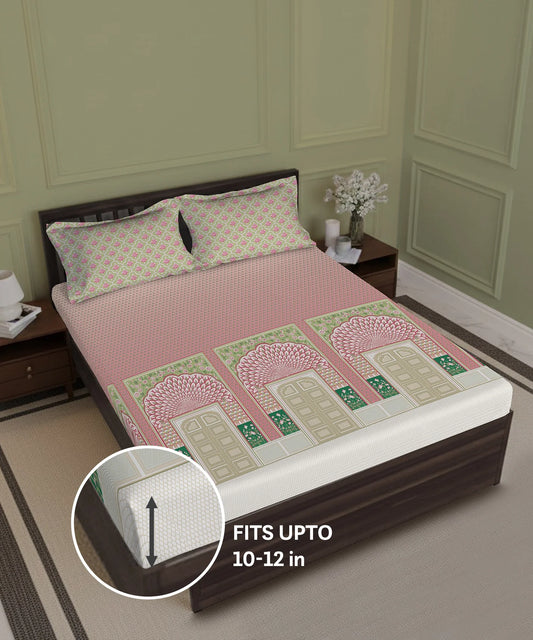 Gates Around The Goble King Fitted Bedsheet Set, Lirale| 180 TC Cotton| 2 Pillow Covers