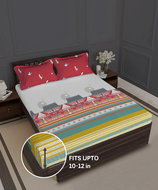 Gates Around The Goble King Fitted Bedsheet Set, Torii| 180 TC Cotton| 2 Pillow Covers