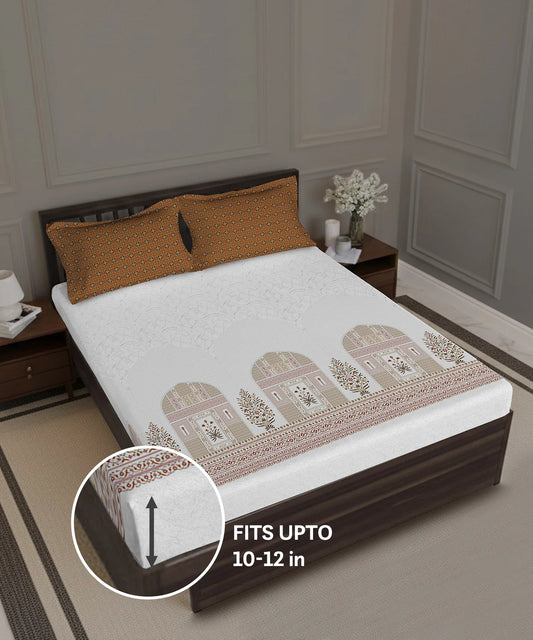 Gates Around The Goble King Fitted Bedsheet Set, Whitemyst| 180 TC Cotton| 2 Pillow Covers