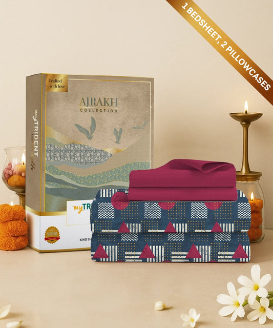 Carnival Ajrakh King Bedsheet Set, Baghi Teal|144 TC Cotton|2 Pillow Covers