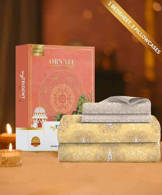 Carnival Ornate Queen Bedsheet, Heer Yellow|144 TC Cotton| 2 Pillow Covers