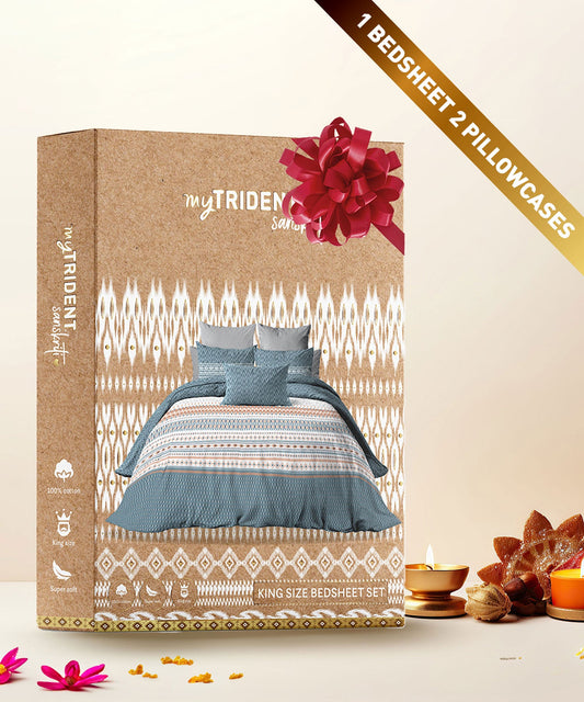 Sanskriti King Bedsheet  Set, Ikkat Stone| 144TC Cotton|2 Pillow Covers