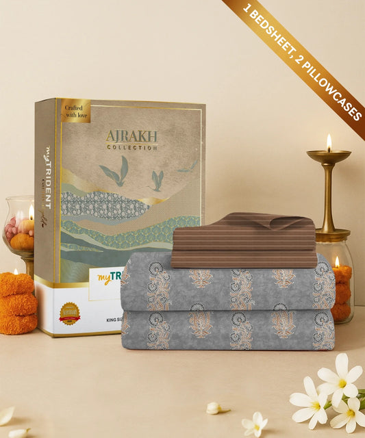 Carnival Ajrakh King Bedsheet Set,Katha Grey|144 TC Cotton|2 Pillow Covers