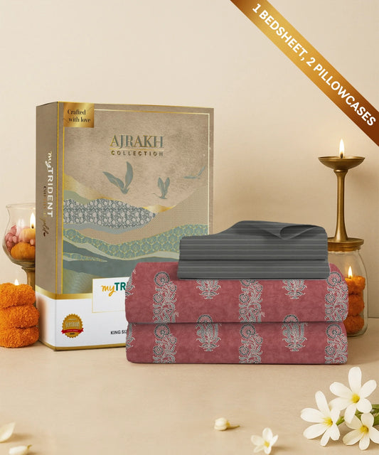 Carnival Ajrakh King Bedsheet Set, Katha Terracotta|144 TC Cotton|2 Pillow Covers