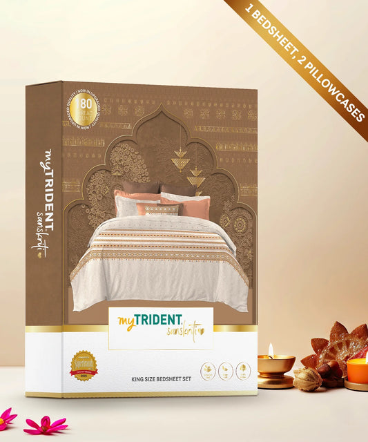 Sanskriti King Bedsheet Gift Set,  Kullu Shawl Beige| 180 TC Cotton| 2 Pillow Covers