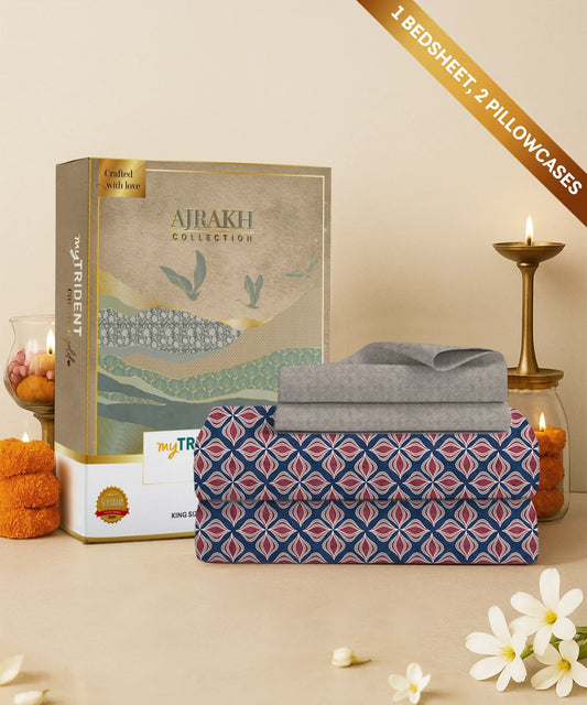 Carnival Ajrakh King Bedsheet Set, Maliha Indigo |144 TC Cotton|2 Pillow Covers