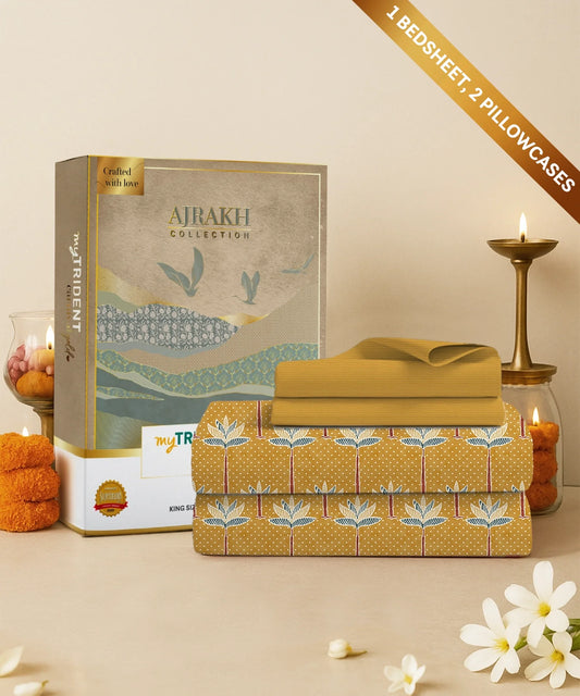 Carnival Ajrakh King Bedsheet Set, Maru Vastra Mustard |144 TC Cotton|2 Pillow Covers
