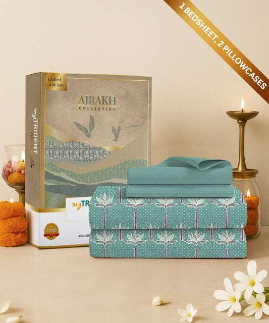 Carnival Ajrakh King Bedsheet Set, Maru Vastra Teal |144 TC Cotton|2 Pillow Covers
