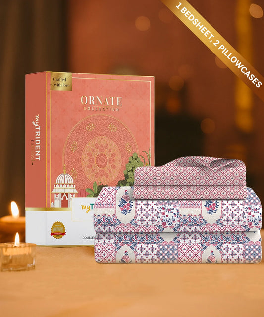 Carnival Ornate Queen Bedsheet, Meera Pink|144 TC Cotton| 2 Pillow Covers