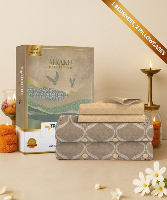 Carnival Ajrakh King Bedsheet Set, Rajwada Brown|144 TC Cotton|2 Pillow Covers