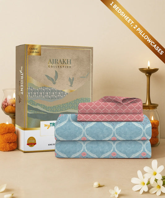Carnival Ajrakh King Bedsheet Set, Rajwada Powder Blue |144 TC Cotton|2 Pillow Covers