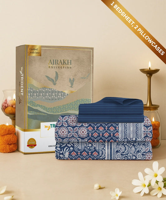 Carnival Ajrakh King Bedsheet Set, Rangmitti Indigo |144 TC Cotton|2 Pillow Covers