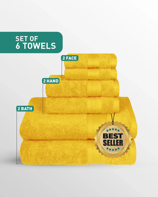 Soft Comfort 6Pc Towel Set, Mustard, Yellow|509 GSM Cotton|Air Rich Technology