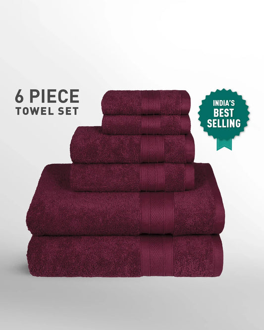 Soft Comfort 6Pc Towel Set, Red Wine|509 GSM Cotton|Air Rich Technology